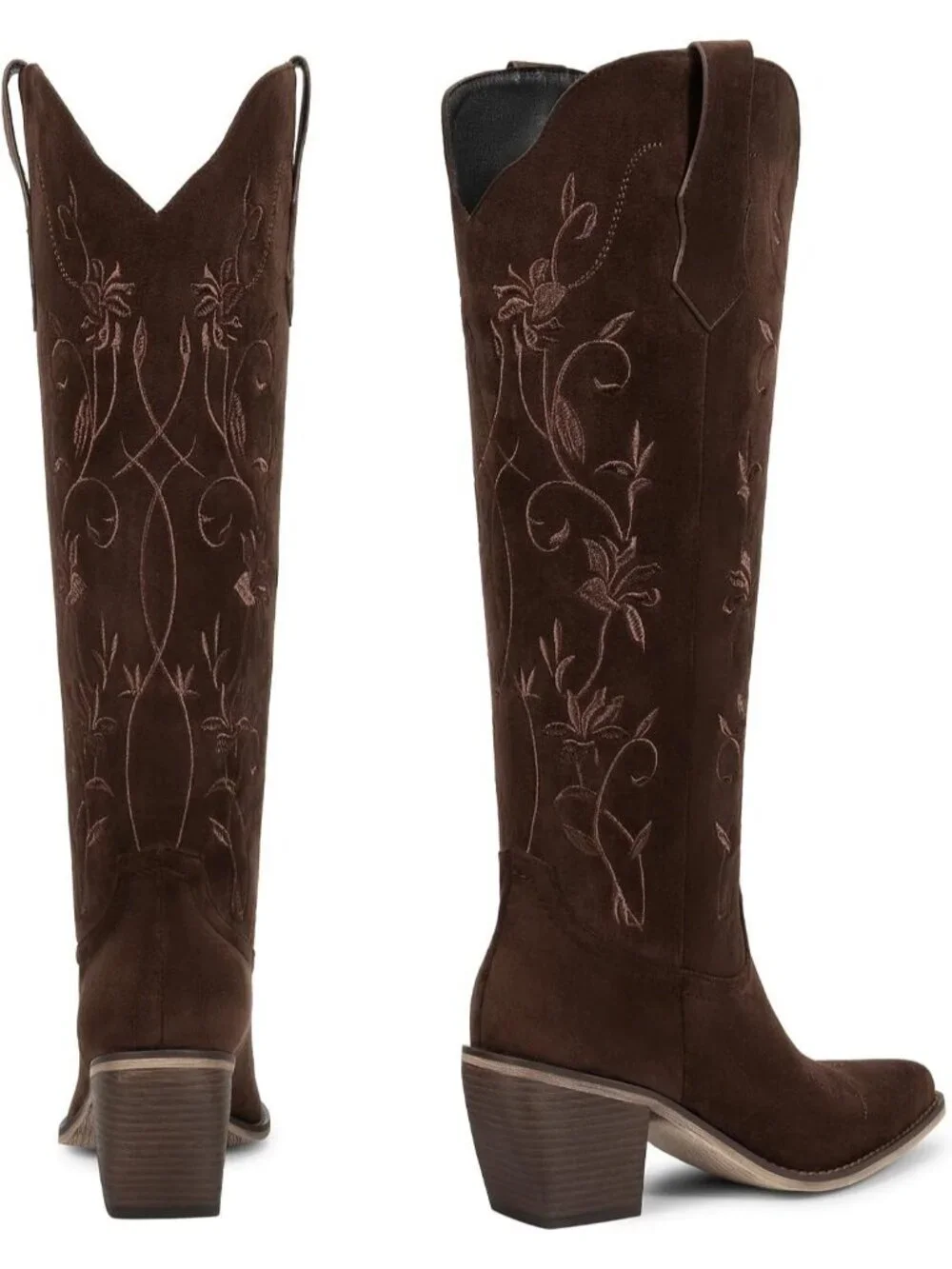 Women's Suede Chocolate Cowboy Knee High Cowgirl Boots Pointed Toe Chunky Heels